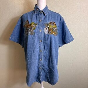Let's‎ Quizz Again Short Sleeve Size S Denim Embroidery Vintage Africa Animals
